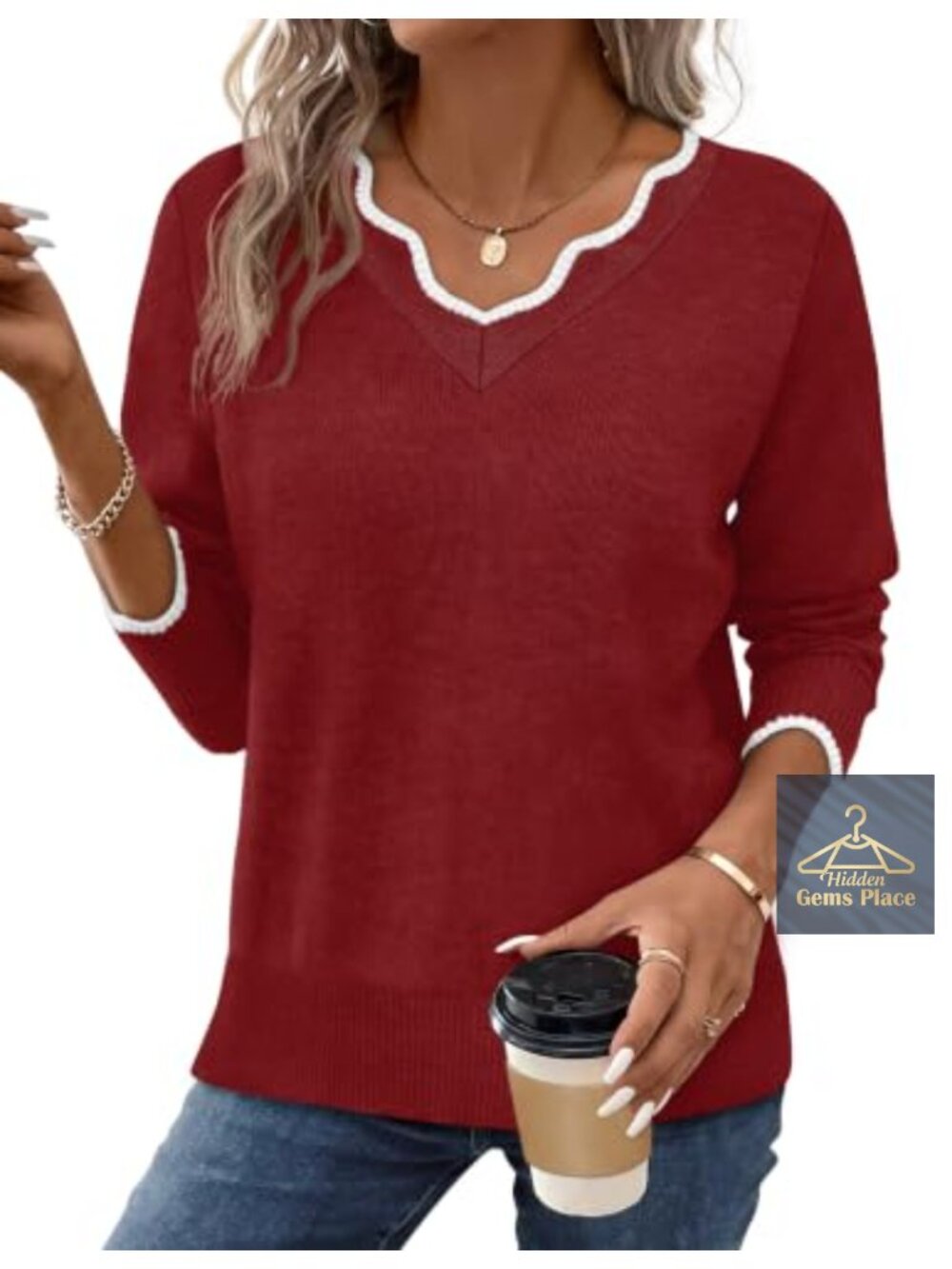 V Neck Long Sleeve Pullover Sweater Cozy Lightweight Fall Top